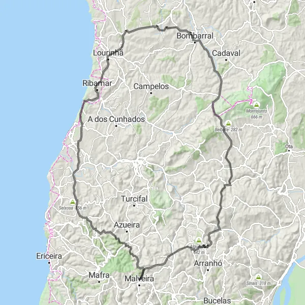 Miniatura do mapa de inspiração para ciclismo "Rota da Lourinhã e Bombarral" em Área Metropolitana de Lisboa, Portugal. Gerado pelo planejador de rotas de ciclismo Tarmacs.app