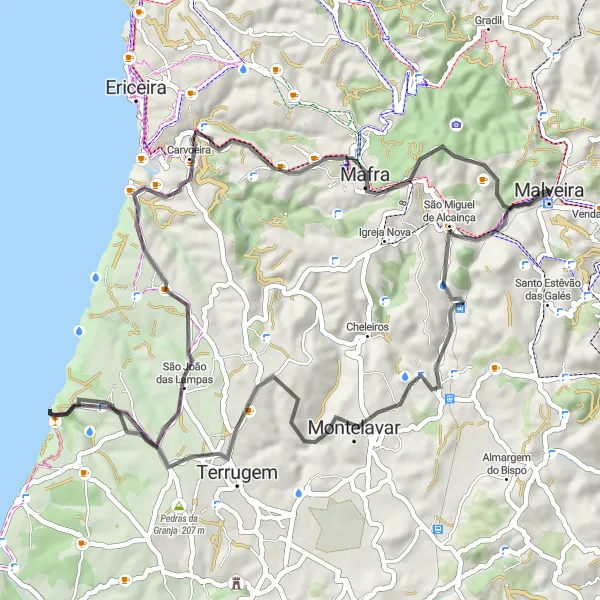 Map miniature of "Malveira Countryside Road Trip" cycling inspiration in Área Metropolitana de Lisboa, Portugal. Generated by Tarmacs.app cycling route planner
