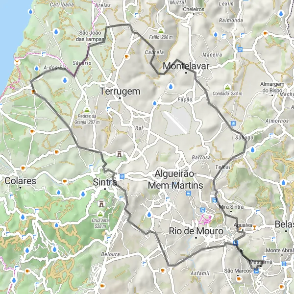 Map miniature of "Scenic Road Cycling Route from Massamá" cycling inspiration in Área Metropolitana de Lisboa, Portugal. Generated by Tarmacs.app cycling route planner