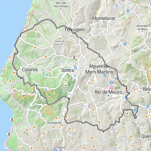 Miniatura do mapa de inspiração para ciclismo "Massamá to Azenhas do Mar Coastal Route" em Área Metropolitana de Lisboa, Portugal. Gerado pelo planejador de rotas de ciclismo Tarmacs.app