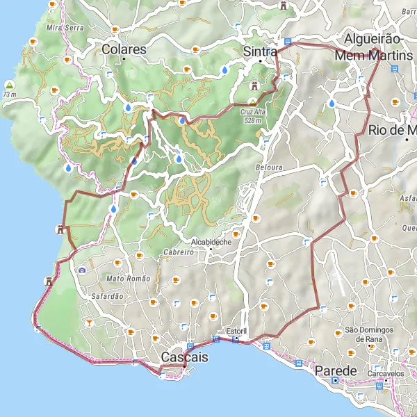 Map miniature of "Gravel Bliss: Exploring Manique and Caparide" cycling inspiration in Área Metropolitana de Lisboa, Portugal. Generated by Tarmacs.app cycling route planner