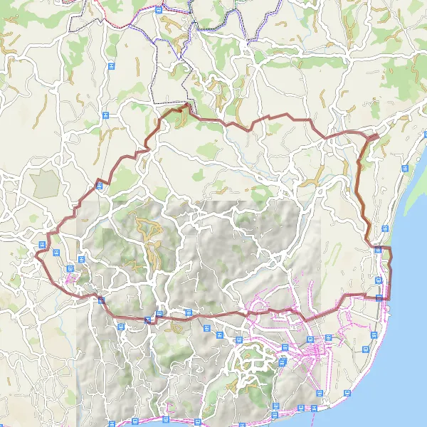 Miniatura do mapa de inspiração para ciclismo "Expedição de 74 km por Almargem do Bispo e Rio de Mouro" em Área Metropolitana de Lisboa, Portugal. Gerado pelo planejador de rotas de ciclismo Tarmacs.app