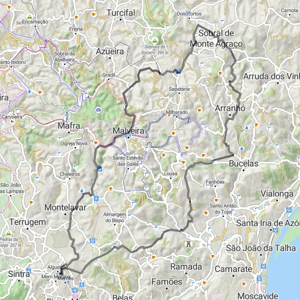 Map miniature of "Water and Hills: Cycling around Mem Martins" cycling inspiration in Área Metropolitana de Lisboa, Portugal. Generated by Tarmacs.app cycling route planner