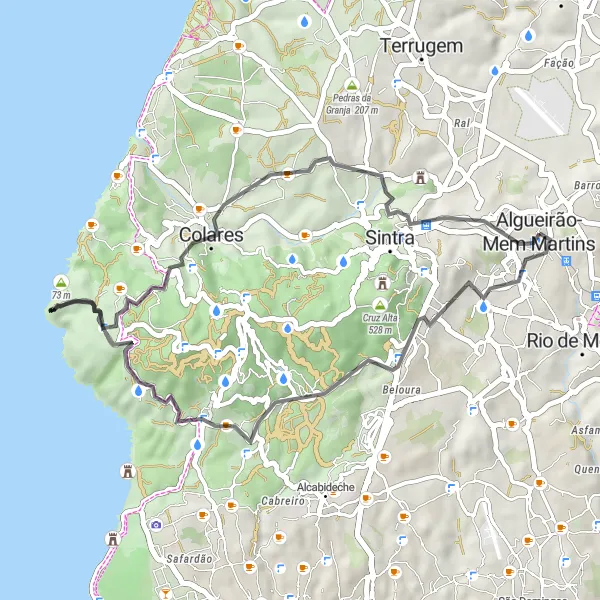 Map miniature of "A Scenic Road Escape" cycling inspiration in Área Metropolitana de Lisboa, Portugal. Generated by Tarmacs.app cycling route planner