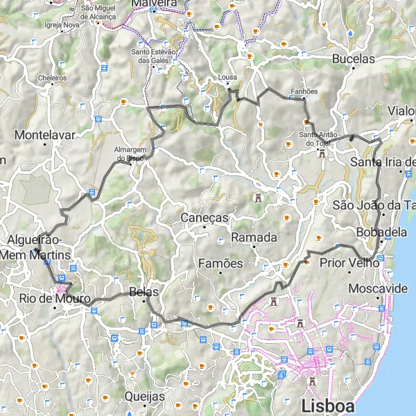 Map miniature of "Spectacular Views: From Almargem do Bispo to Sacavém" cycling inspiration in Área Metropolitana de Lisboa, Portugal. Generated by Tarmacs.app cycling route planner