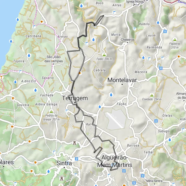 Map miniature of "Scenic Countryside Loop: Mem Martins and Terrugem" cycling inspiration in Área Metropolitana de Lisboa, Portugal. Generated by Tarmacs.app cycling route planner