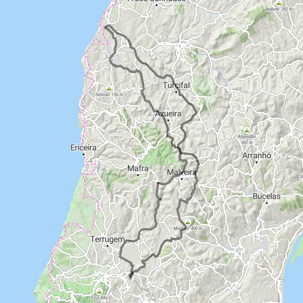 Map miniature of "The Serpentine Road Adventure" cycling inspiration in Área Metropolitana de Lisboa, Portugal. Generated by Tarmacs.app cycling route planner