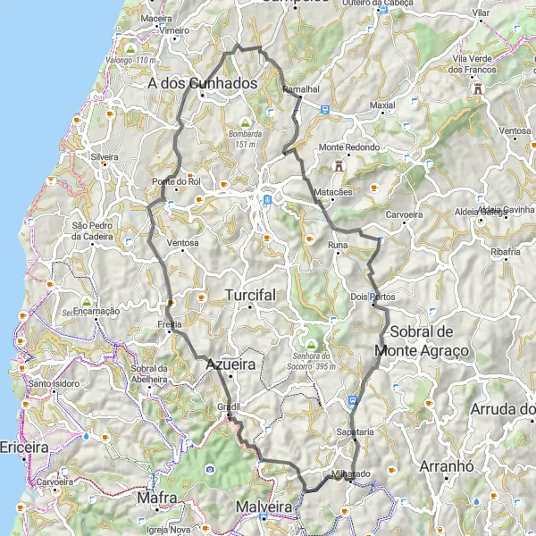 Miniatura do mapa de inspiração para ciclismo "Circuito rural e cultural" em Área Metropolitana de Lisboa, Portugal. Gerado pelo planejador de rotas de ciclismo Tarmacs.app