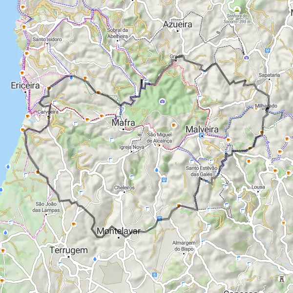 Miniatura do mapa de inspiração para ciclismo "Ciclovia Road - Milharado para Terras" em Área Metropolitana de Lisboa, Portugal. Gerado pelo planejador de rotas de ciclismo Tarmacs.app