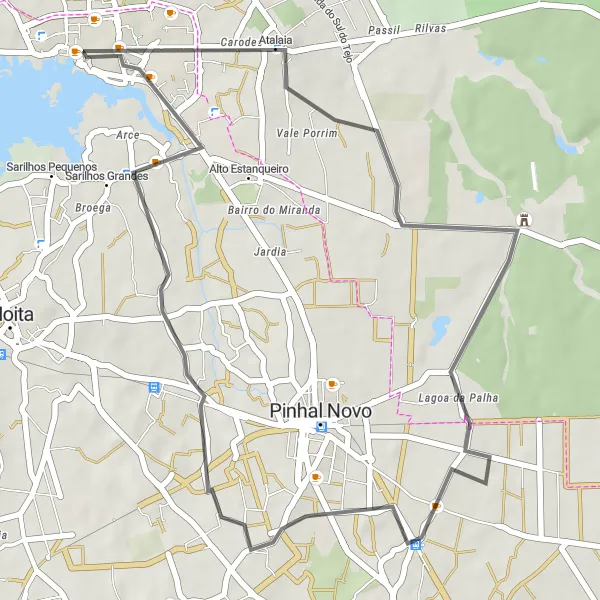 Miniatura do mapa de inspiração para ciclismo "Circuito Montijo - Senhora da Atalaia - Palácio de Rio Frio" em Área Metropolitana de Lisboa, Portugal. Gerado pelo planejador de rotas de ciclismo Tarmacs.app