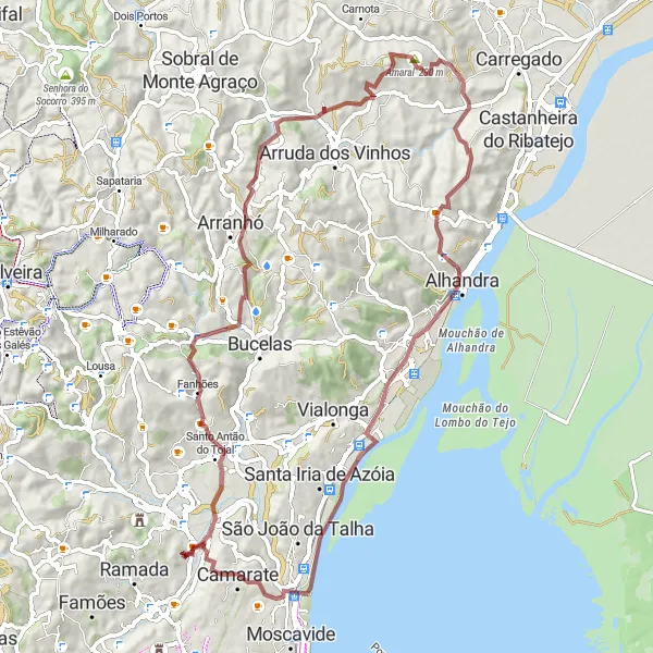 Map miniature of "Frielas to Fetais Gravel Adventure" cycling inspiration in Área Metropolitana de Lisboa, Portugal. Generated by Tarmacs.app cycling route planner