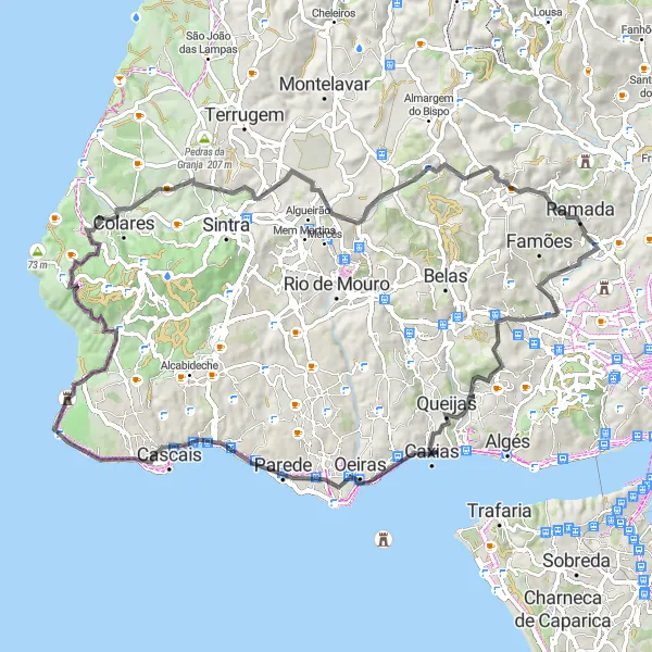 Miniatura do mapa de inspiração para ciclismo "Ciclismo pelas Encostas de Odivelas" em Área Metropolitana de Lisboa, Portugal. Gerado pelo planejador de rotas de ciclismo Tarmacs.app