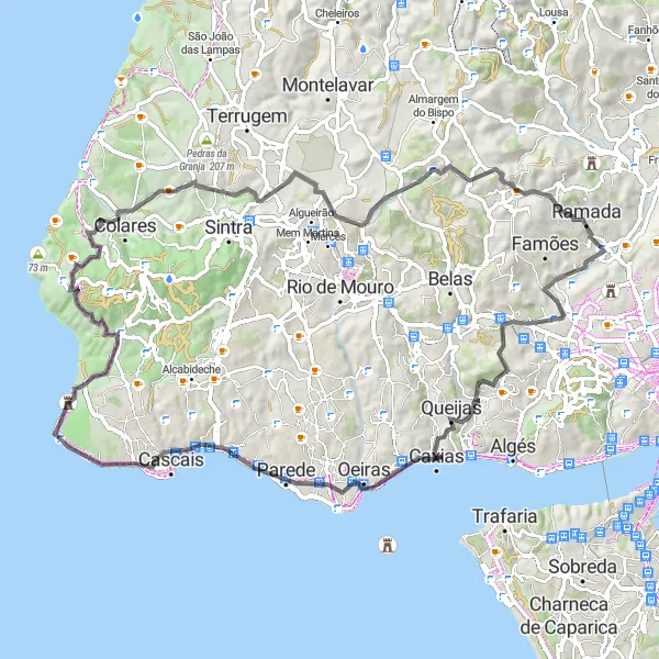 Map miniature of "Amadora to Quinta do Vinagre" cycling inspiration in Área Metropolitana de Lisboa, Portugal. Generated by Tarmacs.app cycling route planner