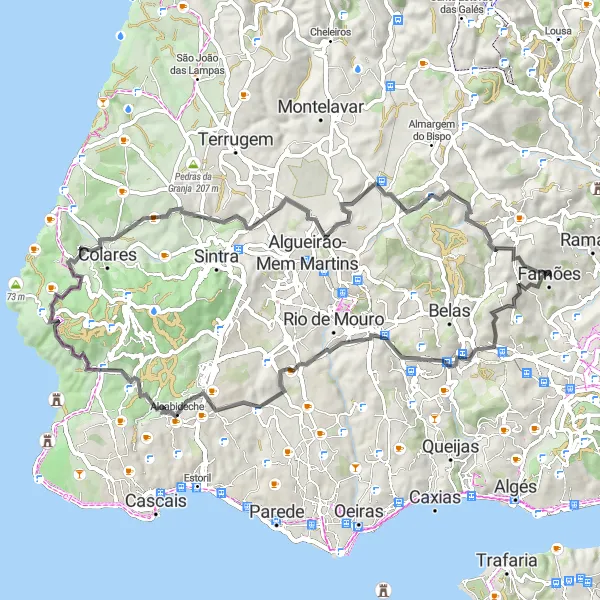 Miniatura do mapa de inspiração para ciclismo "Rota dos Miradouros Sintra-Cascais" em Área Metropolitana de Lisboa, Portugal. Gerado pelo planejador de rotas de ciclismo Tarmacs.app