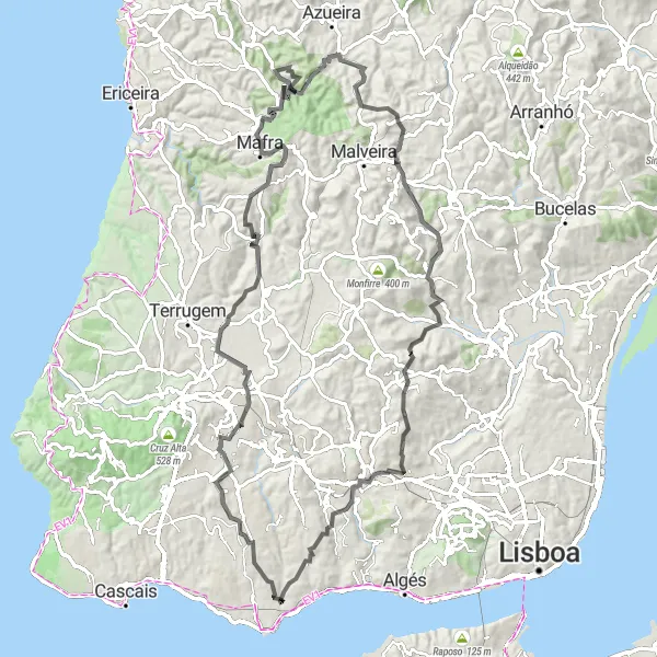 Miniatura do mapa de inspiração para ciclismo "Tour das Colinas de Lisboa" em Área Metropolitana de Lisboa, Portugal. Gerado pelo planejador de rotas de ciclismo Tarmacs.app