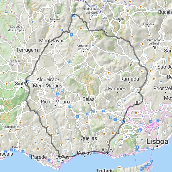 Miniatura do mapa de inspiração para ciclismo "Rota do Pelourinho de Oeiras" em Área Metropolitana de Lisboa, Portugal. Gerado pelo planejador de rotas de ciclismo Tarmacs.app