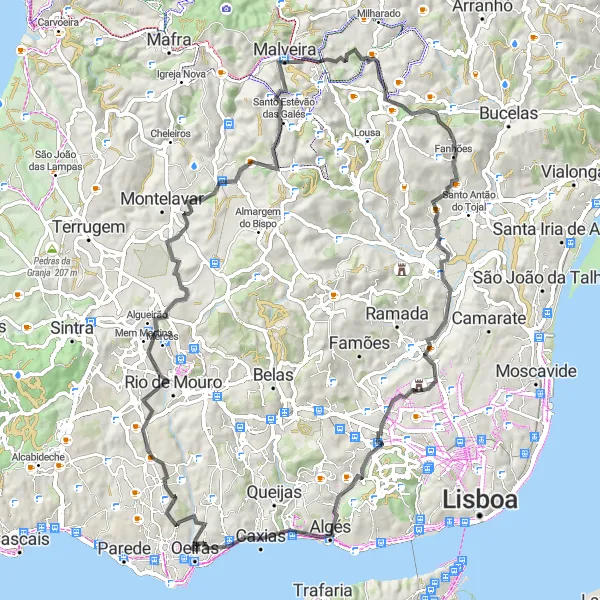 Miniatura do mapa de inspiração para ciclismo "Rota das Vilas de Lisboa" em Área Metropolitana de Lisboa, Portugal. Gerado pelo planejador de rotas de ciclismo Tarmacs.app
