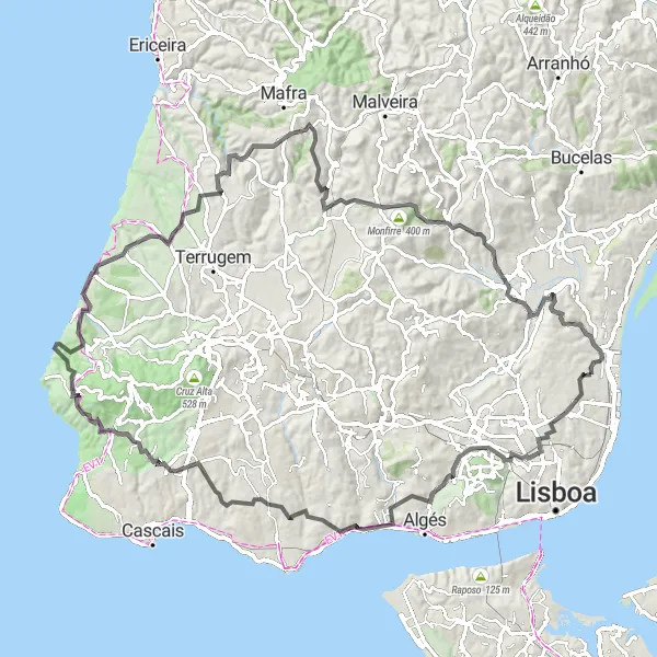Miniatura do mapa de inspiração para ciclismo "Circuito pela Serra de Sintra" em Área Metropolitana de Lisboa, Portugal. Gerado pelo planejador de rotas de ciclismo Tarmacs.app