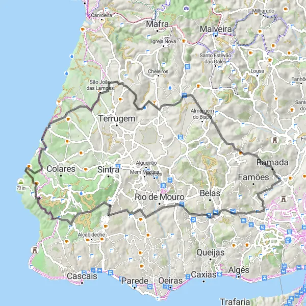 Map miniature of "Odivelas to Rebolo Road Cycling Route" cycling inspiration in Área Metropolitana de Lisboa, Portugal. Generated by Tarmacs.app cycling route planner