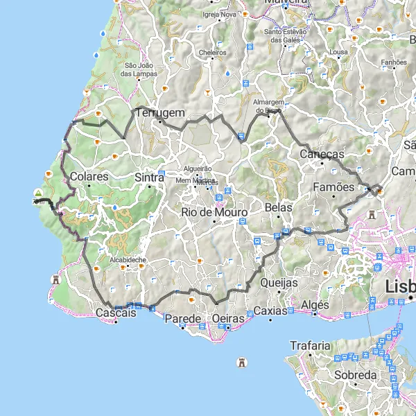 Miniatura do mapa de inspiração para ciclismo "Circuito Costeiro de Estoril" em Área Metropolitana de Lisboa, Portugal. Gerado pelo planejador de rotas de ciclismo Tarmacs.app