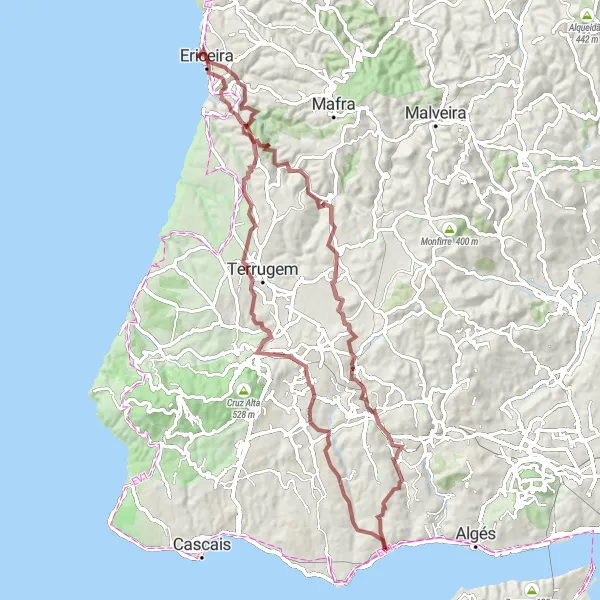 Miniatura do mapa de inspiração para ciclismo "Rota da Serra e da Costa" em Área Metropolitana de Lisboa, Portugal. Gerado pelo planejador de rotas de ciclismo Tarmacs.app