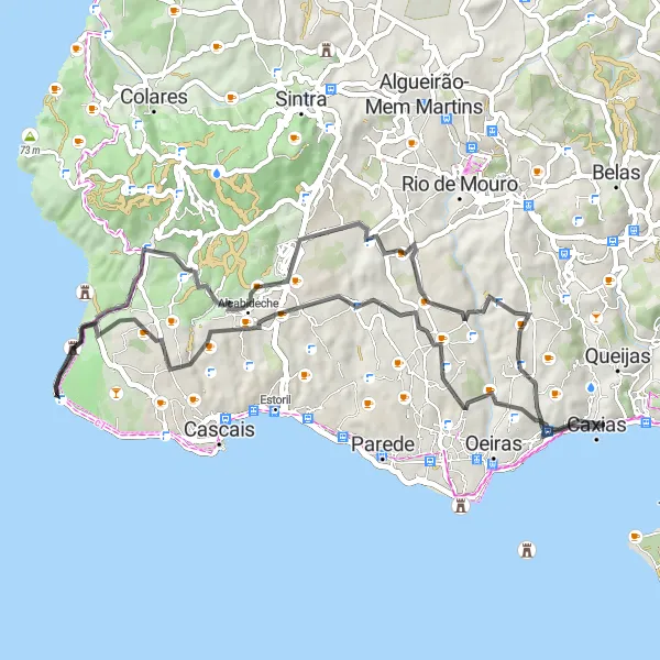 Miniatura do mapa de inspiração para ciclismo "Rota de Estrada Miradouros e Palácios" em Área Metropolitana de Lisboa, Portugal. Gerado pelo planejador de rotas de ciclismo Tarmacs.app