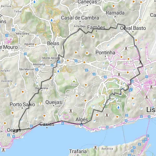 Miniatura do mapa de inspiração para ciclismo "Caminho Real de Queluz a Cruz Quebrada-Dafundo" em Área Metropolitana de Lisboa, Portugal. Gerado pelo planejador de rotas de ciclismo Tarmacs.app