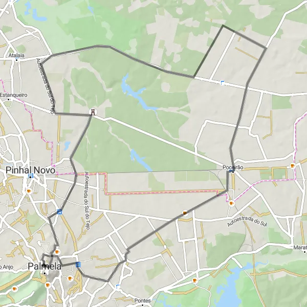 Map miniature of "Palmela Castle Circuit" cycling inspiration in Área Metropolitana de Lisboa, Portugal. Generated by Tarmacs.app cycling route planner