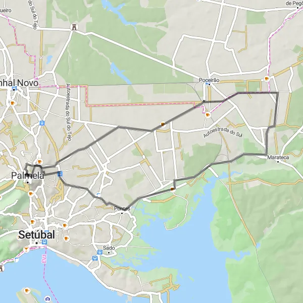 Map miniature of "Águas de Moura Loop" cycling inspiration in Área Metropolitana de Lisboa, Portugal. Generated by Tarmacs.app cycling route planner