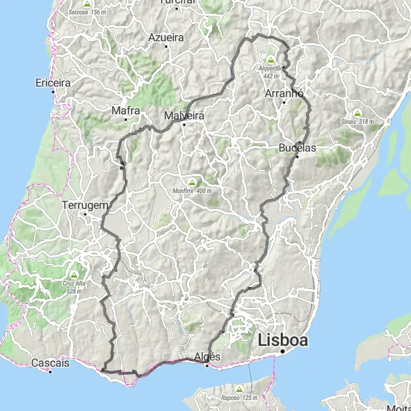 Miniatura do mapa de inspiração para ciclismo "Matos Cheirinhos a Carcavelos em Estrada" em Área Metropolitana de Lisboa, Portugal. Gerado pelo planejador de rotas de ciclismo Tarmacs.app