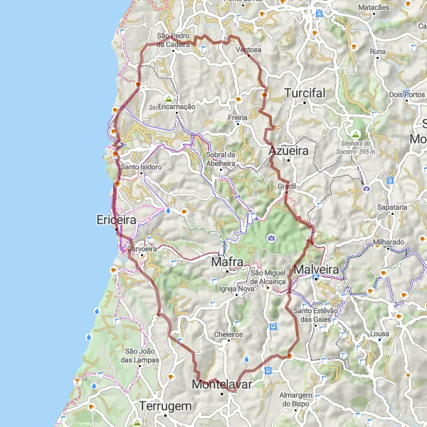 Miniatura do mapa de inspiração para ciclismo "Circuito de Montelavar e arredores" em Área Metropolitana de Lisboa, Portugal. Gerado pelo planejador de rotas de ciclismo Tarmacs.app