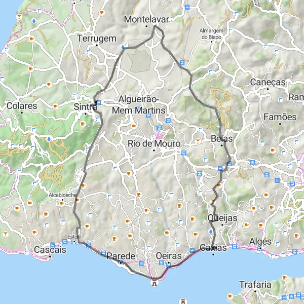 Miniatura do mapa de inspiração para ciclismo "Rota cultural de Abraão a Montelavar" em Área Metropolitana de Lisboa, Portugal. Gerado pelo planejador de rotas de ciclismo Tarmacs.app