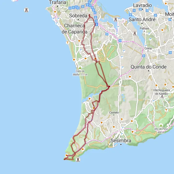 Miniatura do mapa de inspiração para ciclismo "Rota das Formações Rochosas de Almada" em Área Metropolitana de Lisboa, Portugal. Gerado pelo planejador de rotas de ciclismo Tarmacs.app