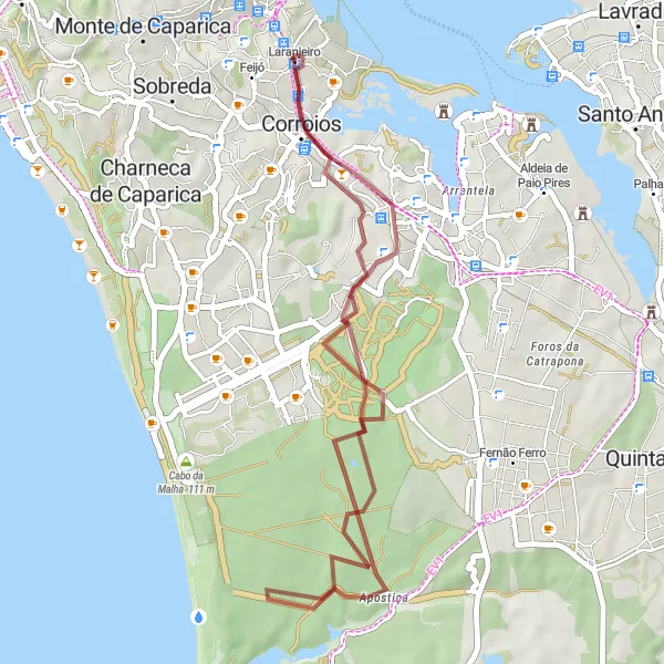 Miniatura do mapa de inspiração para ciclismo "Trilho dos Espigueiros de Almada" em Área Metropolitana de Lisboa, Portugal. Gerado pelo planejador de rotas de ciclismo Tarmacs.app