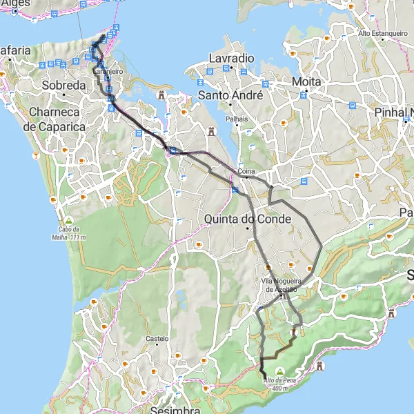 Miniatura do mapa de inspiração para ciclismo "Circuito dos Palácios e Miradouros de Setúbal" em Área Metropolitana de Lisboa, Portugal. Gerado pelo planejador de rotas de ciclismo Tarmacs.app