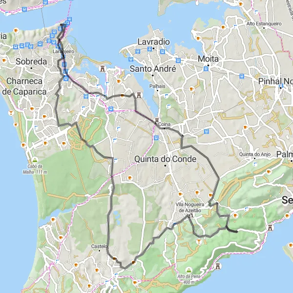 Miniatura do mapa de inspiração para ciclismo "Caminho pelas Vinhas e Palácios" em Área Metropolitana de Lisboa, Portugal. Gerado pelo planejador de rotas de ciclismo Tarmacs.app