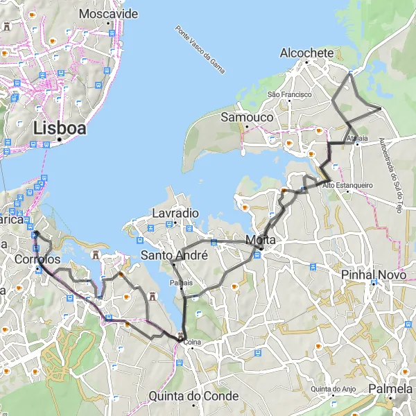 Miniatura do mapa de inspiração para ciclismo "Aventura pela Estrada Costeira" em Área Metropolitana de Lisboa, Portugal. Gerado pelo planejador de rotas de ciclismo Tarmacs.app