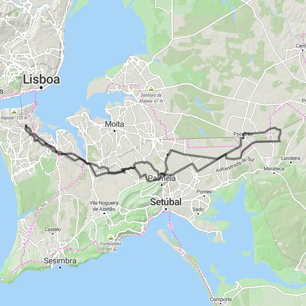 Miniatura do mapa de inspiração para ciclismo "Caminho dos Miradouros de Setúbal" em Área Metropolitana de Lisboa, Portugal. Gerado pelo planejador de rotas de ciclismo Tarmacs.app