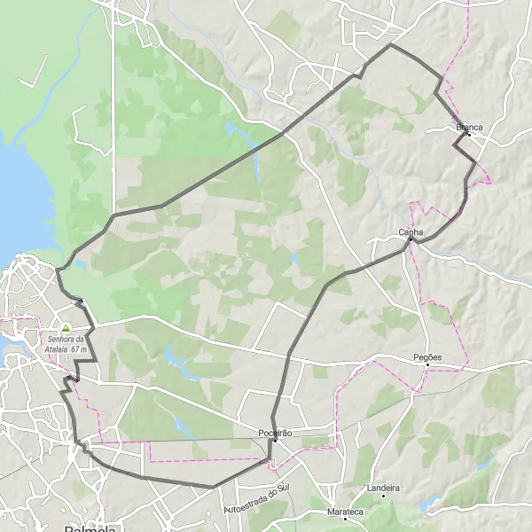Map miniature of "Pinhal Novo and Poceirão Loop" cycling inspiration in Área Metropolitana de Lisboa, Portugal. Generated by Tarmacs.app cycling route planner