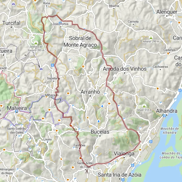 Map miniature of "Gravel Adventure through Póvoa de Santa Iria's Countryside" cycling inspiration in Área Metropolitana de Lisboa, Portugal. Generated by Tarmacs.app cycling route planner