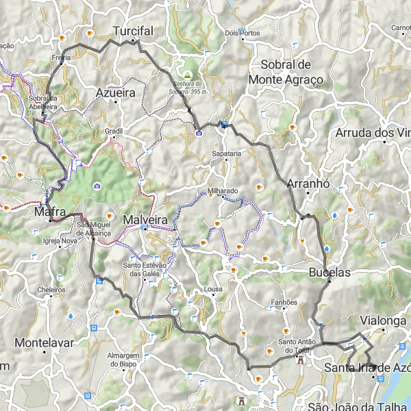Map miniature of "Explore the Hills and Villages of Póvoa de Santa Iria" cycling inspiration in Área Metropolitana de Lisboa, Portugal. Generated by Tarmacs.app cycling route planner