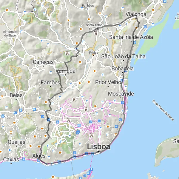 Map miniature of "The Best of Póvoa de Santa Iria's Road Cycling Routes" cycling inspiration in Área Metropolitana de Lisboa, Portugal. Generated by Tarmacs.app cycling route planner