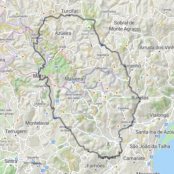 Miniatura do mapa de inspiração para ciclismo "Rota de Mafra" em Área Metropolitana de Lisboa, Portugal. Gerado pelo planejador de rotas de ciclismo Tarmacs.app