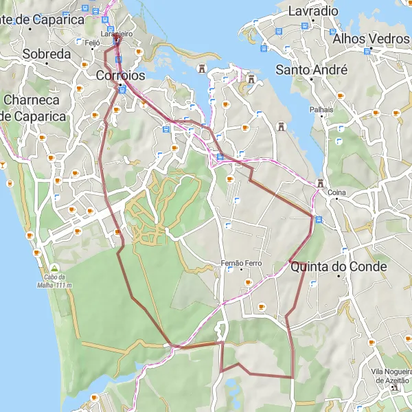 Map miniature of "Corroios Gravel Adventure" cycling inspiration in Área Metropolitana de Lisboa, Portugal. Generated by Tarmacs.app cycling route planner
