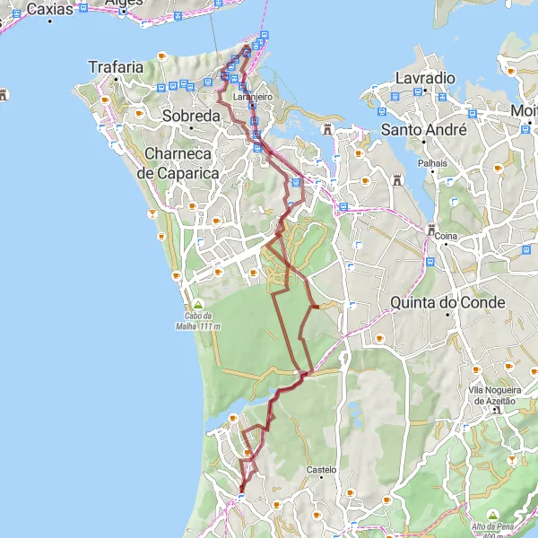 Miniatura do mapa de inspiração para ciclismo "Apostiça e Almada" em Área Metropolitana de Lisboa, Portugal. Gerado pelo planejador de rotas de ciclismo Tarmacs.app