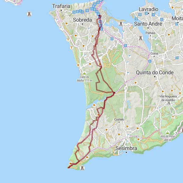 Map miniature of "Dinosaur Tracks Gravel Expedition" cycling inspiration in Área Metropolitana de Lisboa, Portugal. Generated by Tarmacs.app cycling route planner