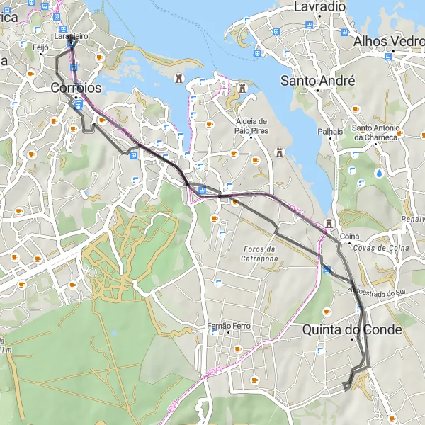 Map miniature of "Scenic Road Tour: Pragal to Quinta do Conde" cycling inspiration in Área Metropolitana de Lisboa, Portugal. Generated by Tarmacs.app cycling route planner