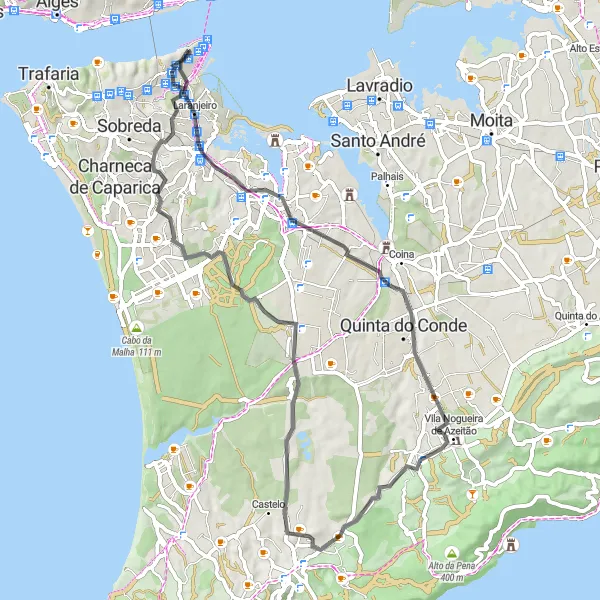 Miniatura do mapa de inspiração para ciclismo "Volta pela Estrada de Pragal" em Área Metropolitana de Lisboa, Portugal. Gerado pelo planejador de rotas de ciclismo Tarmacs.app