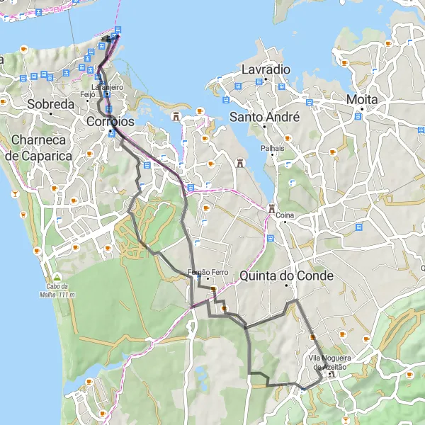 Miniatura do mapa de inspiração para ciclismo "Azeitão e Almada" em Área Metropolitana de Lisboa, Portugal. Gerado pelo planejador de rotas de ciclismo Tarmacs.app