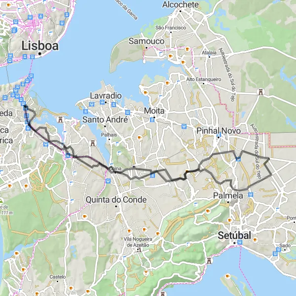 Miniatura do mapa de inspiração para ciclismo "Palmela e Arribas" em Área Metropolitana de Lisboa, Portugal. Gerado pelo planejador de rotas de ciclismo Tarmacs.app